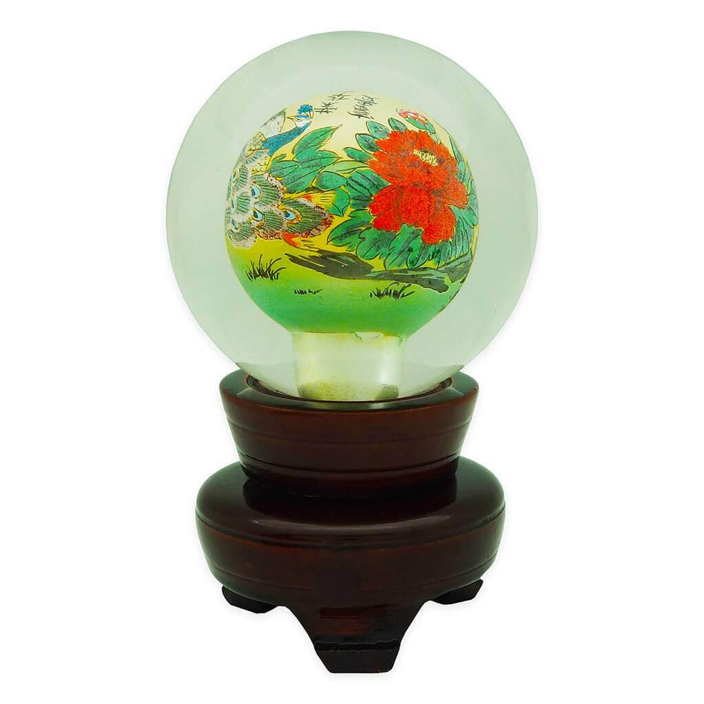 Crystal Ball with 3-Dimensional Peacock with Peonies Picture (For Enchanted Beauty)